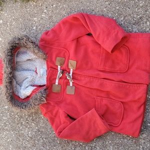 Old Navy Apple of My Eye Red Fleece Jacket Faux Fur Lined Hood XS 5 Toddler Coat